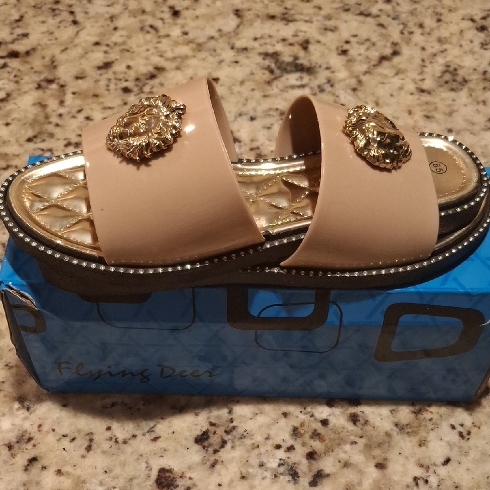 Flying Deer Beige Slide Sandals with Gold Accents